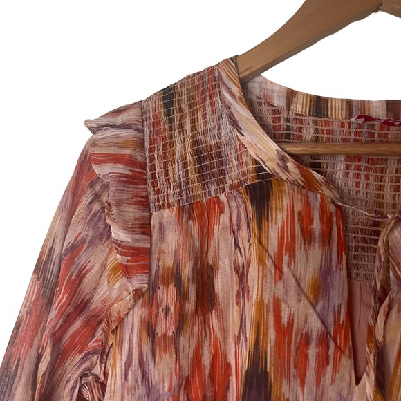 NWT Parker revolve Cotton Ikat smocked blouse with shoulder ruffles tie at neck - Picture 3 of 7